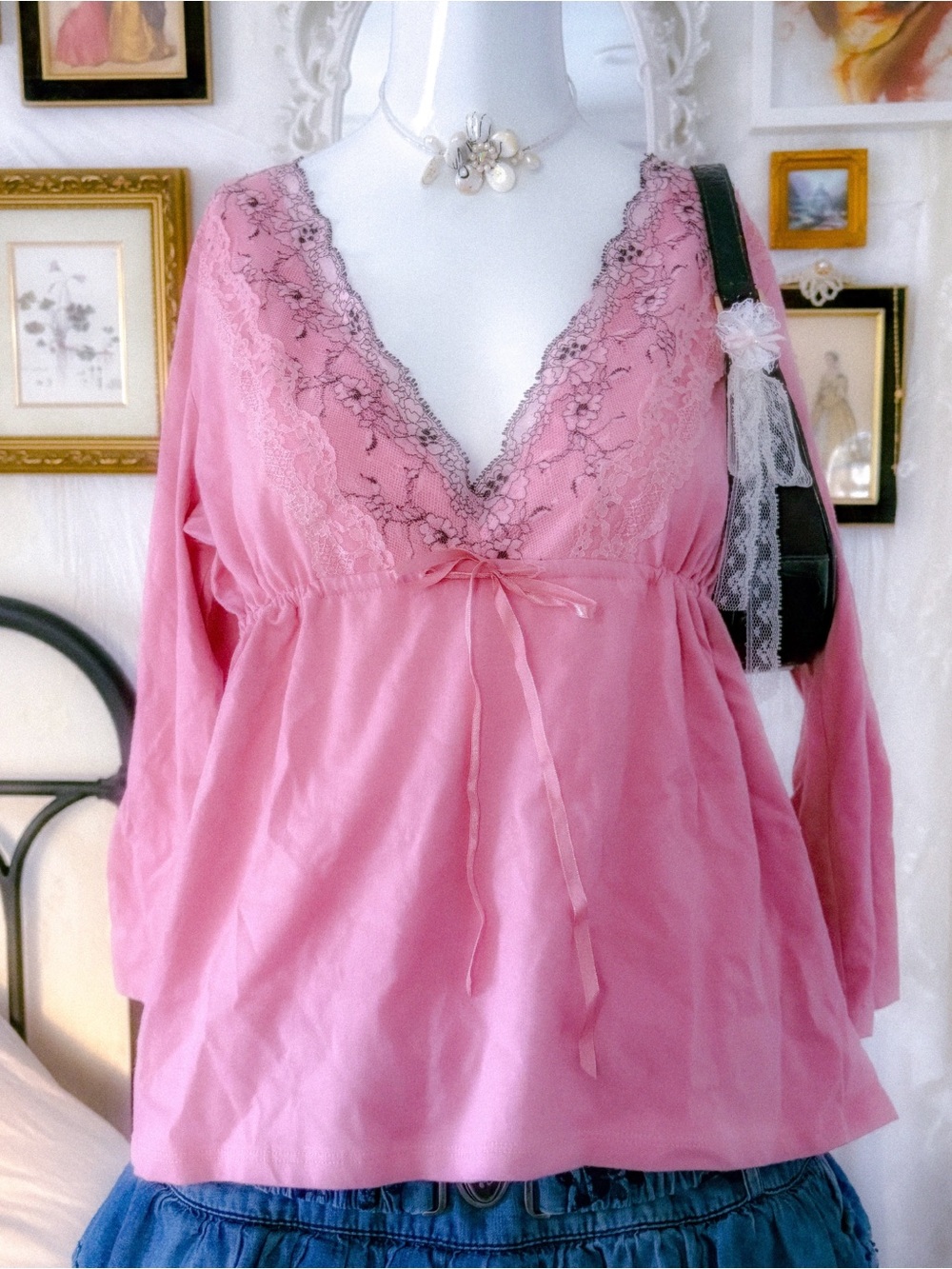 Y2K coquette lace & ribbon babydoll pink top
